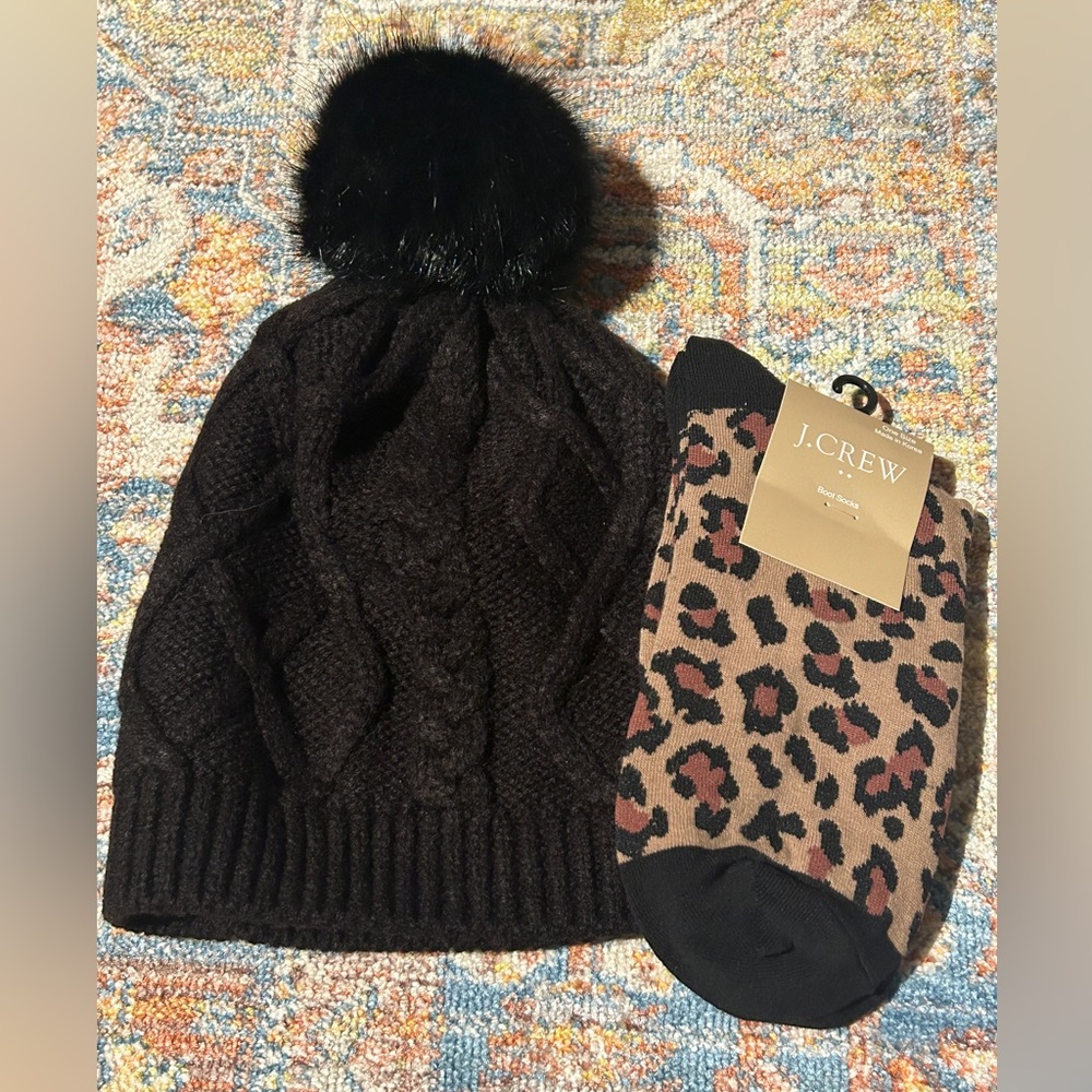 NWT - J Crew Factory Faux Fur Pom Pom Hat & Socks